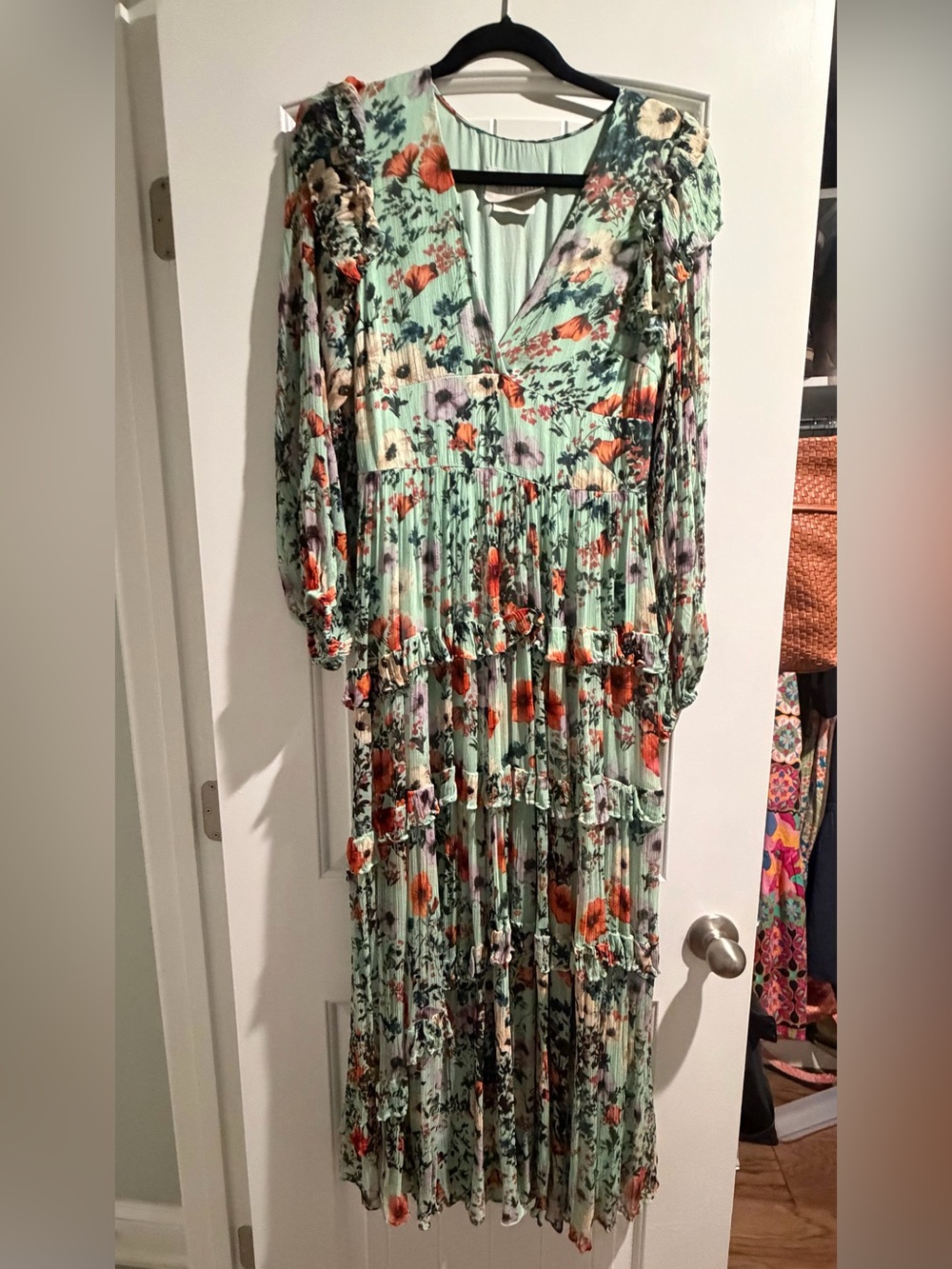 BHLDN FLORAL CHIFFON PLUNGE LONG-SLEEVE RUFFLE MAXI DRESS - Picture 2 of 4